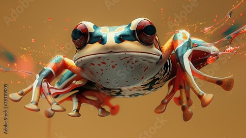 Whimsical frog in energetic digital dimension: vibrant digital art of a stylized frog in a dynamic abstract environment
