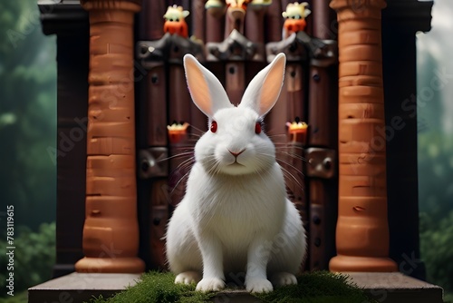 A majestic white rabbit with piercing red eyes sits atop a throne made of carrots, ruling over a kingdom of zoo animals.