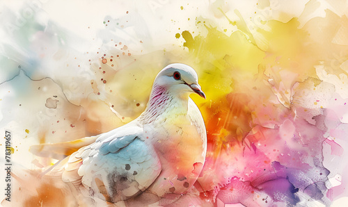 A white dove with blue wings is flying in front of a colorful background