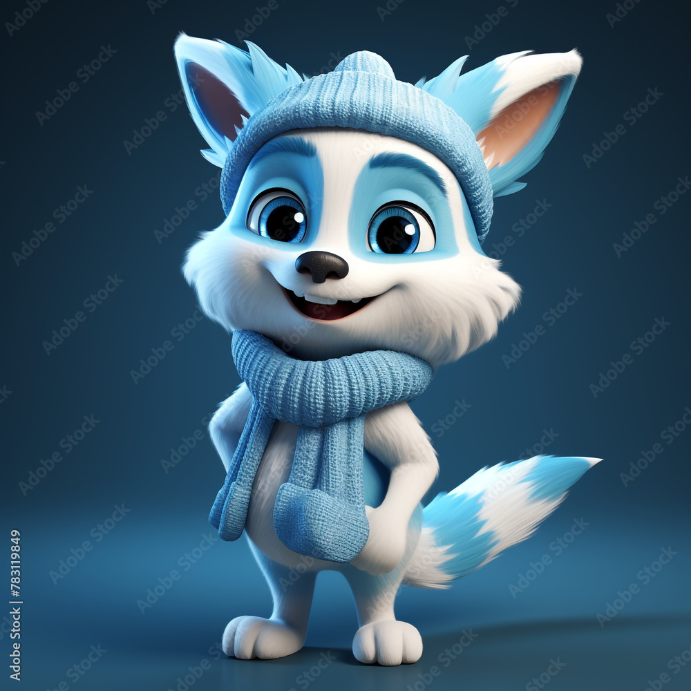3D cartoon character of a blue fox Christmas mood сreated with Generative Ai