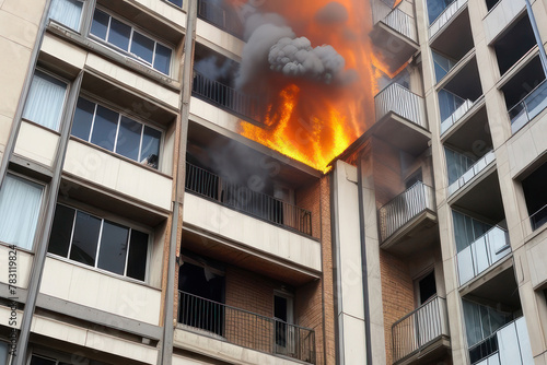 Pazhar in a residential multi-storey building. Flames rush out of the windows. Color illustration. Close-up