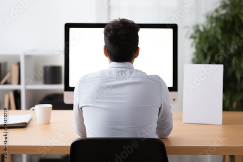 Back view of a man working at a dual-monitor computer setup in an office environment. Professional at Computer Workstation from Behind