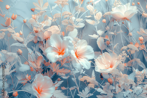 White and orange Flower on light blue background. Abstract Wallpaper with vintage decorative. Abstract texture Botanical and floral. Generated AI © Warunporn