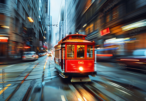Red Trolley Car Driving Down City Street Motion Blur