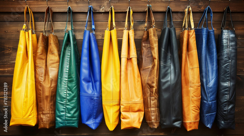 A row of leather bags hanging on a wall