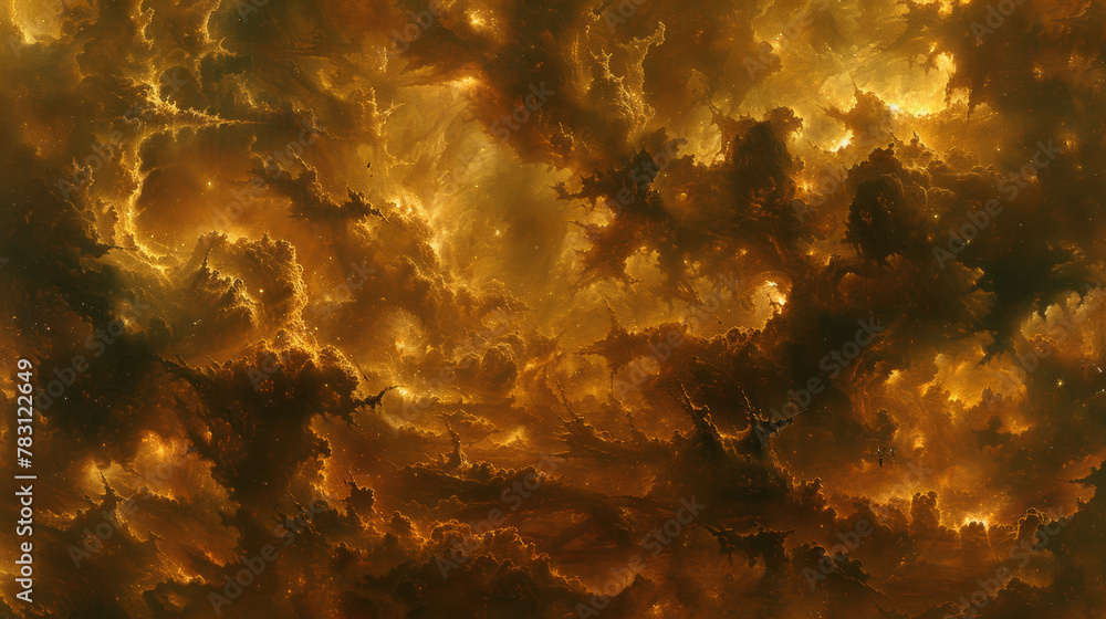 A close up of a yellowish orange cloud with a dark brownish color - obrazy, fototapety, plakaty 
