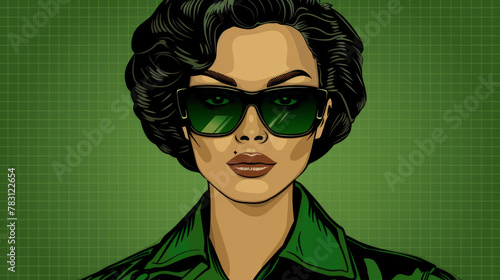 A woman with sunglasses on a green background