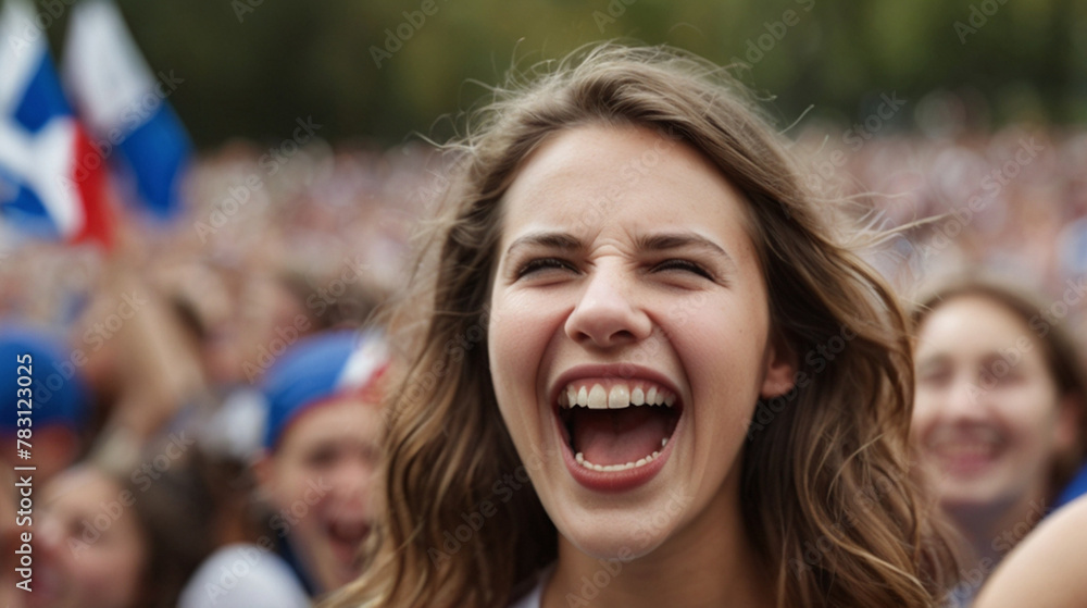 Young woman cheering at the sport game from audience, moments of ...