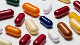 Assorted Multicolored Pills on White Surface. Various colored pills scattered on a white background.