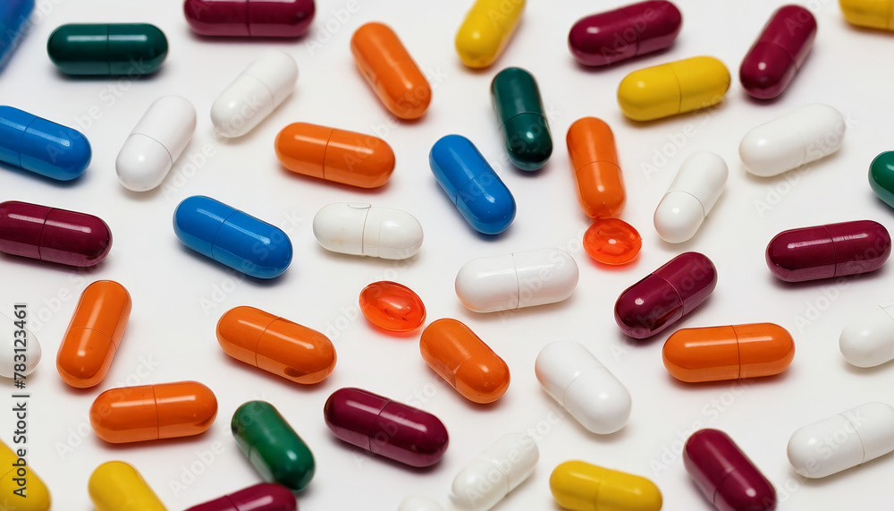 Colorful Pills Spread Out on White Surface. Numerous vibrant pills scattered on a clean white background, creating a colorful and eye-catching display. Colorful Pills Spread Out on White Surface. Numerous vibrant pills scattered on a clean white background, creating a colorful and eye-catching display.