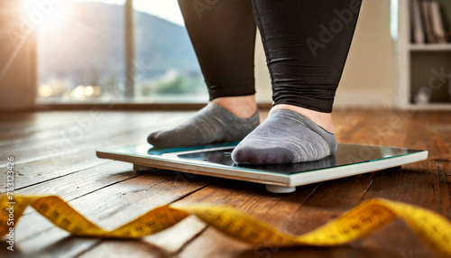 Close-up and bottom view of an overweight girl using scales in front a measuring tape on wooden floor. Obesity, overweight and eating disorders concept. Generative Ai. photo