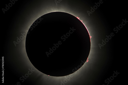 Closeup on corona and sun flares during April 8th 2024 total sun eclipse