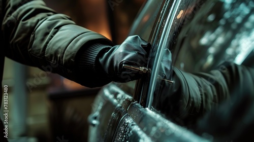Close-up car thief hand holding screwdriver tamper yank and glove black. Man robber checking breaking entering alarm in a car stealing. Image about reflect society. copy space for text. photo