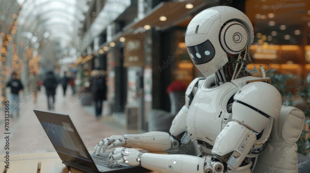White robot sits at a laptop. Theme of education and new knowledge White robot sits at a laptop. Theme of education and new knowledge