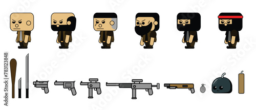 Character set: thief, villain, criminal For use as supporting characters in assembling the game along with weapons, tools, rifles, pistols in the same style.