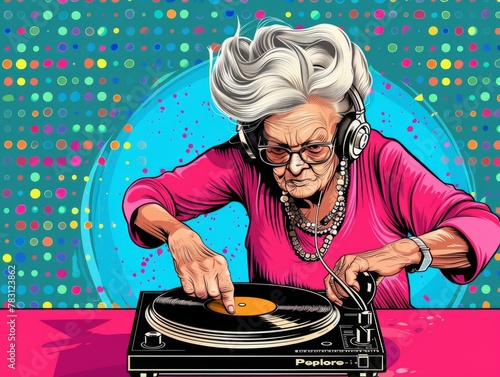Vibrant Elderly DJ Rocking Vinyl Records at Club, Polka Dot Background - Celebrating Ageless Passion for Music and Entertainment