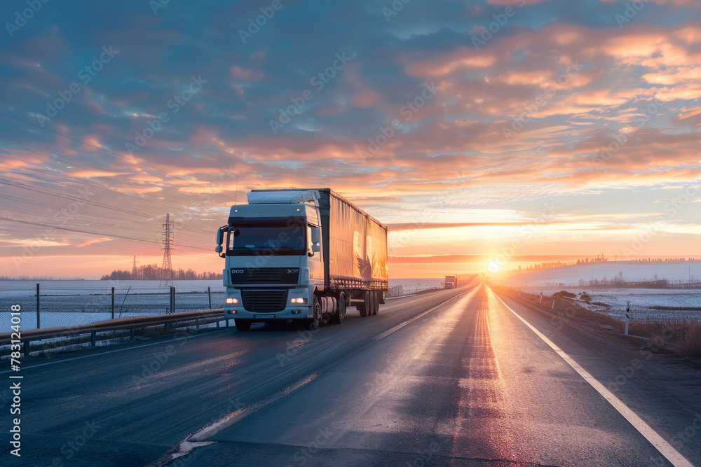 Cargo truck driving down the road in the middle of a winter field at sunset