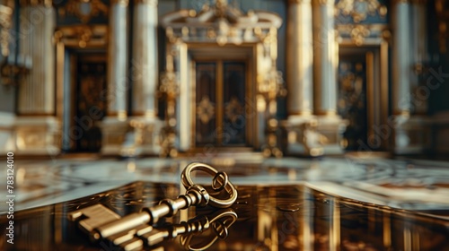 Antique Brass Key Nestled Against Elegant Scale Model of Castlelike Mansion Symbolizing Luxury Real Estate Investment and Property Management photo