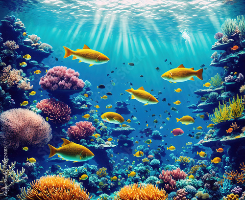 A colorful underwater scene with various types of fish swimming in the water. © Miklos