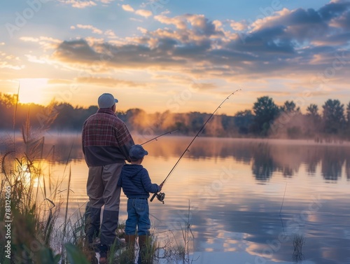 Grandfather and Grandson Fishing Together at Sunrise/Sunset, Serene Lake Scene, Bonding Over Shared Hobby, Misty Atmosphere, Colorful Reflections