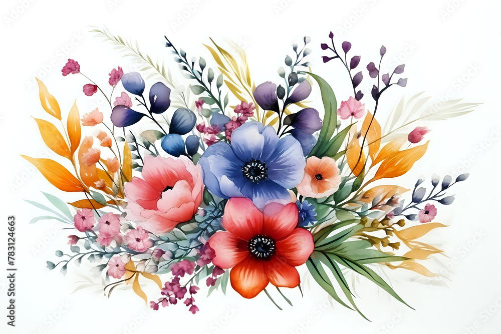 Vibrant Watercolor Flower Arrangement. A lush watercolor illustration of mixed flowers, perfect for stationery, wedding invitations, and spring-themed designs.