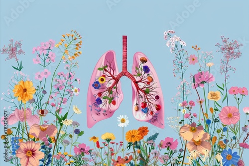 A creative representation of human lungs amidst vibrant flowers, symbolizing clean air and environmental health