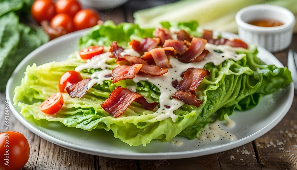 romaine lettuce topped with bacon tomato parmesan, sauce. healthy keto paleo diet lunch
romaine lettuce topped with bacon tomato parmesan, sauce. healthy keto paleo diet lunch