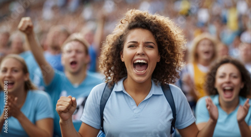 Young woman cheering at the sport game from audience  moments of celebration  crowd reactions to game-changing decisions and people showing team spirit through chants and cheers. 