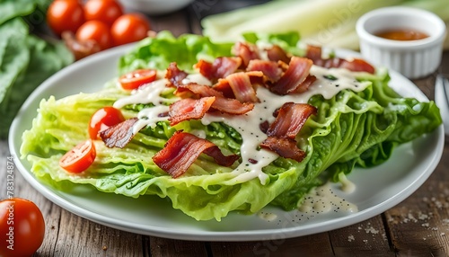 romaine lettuce topped with bacon tomato parmesan, sauce. healthy keto paleo diet lunch
