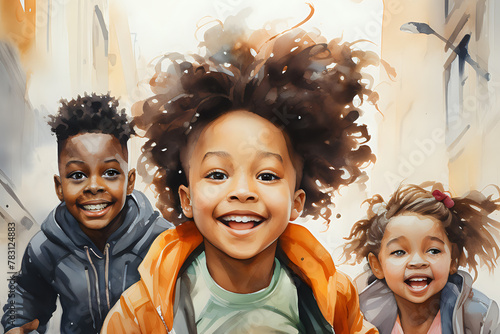 A vibrant illustration capturing the innocent joy of children playing, ideal for themes of childhood, happiness, and family. photo