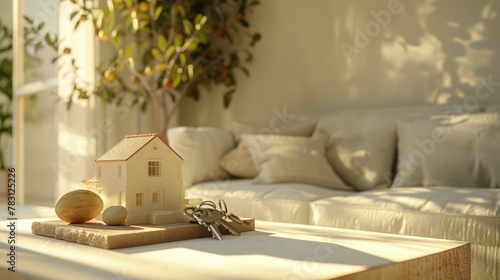 New Homeowner s Pride Reflected in Keys and Miniature House Model on Bright White Coffee Table photo