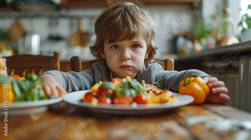picky eater unhappy small grumpy kid sitting front plate fruit vegetable food nutrition healthy mealtime frustration dislike refusal challenging stubborn selective picky displeased dissatisfaction  photo