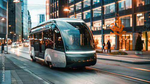 Futuristic autonomous bus gliding through city lights. Urban mobility reimagined. © Andrey