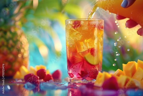 Closeup shot of a hand holding a chilled glass of fruit juice.