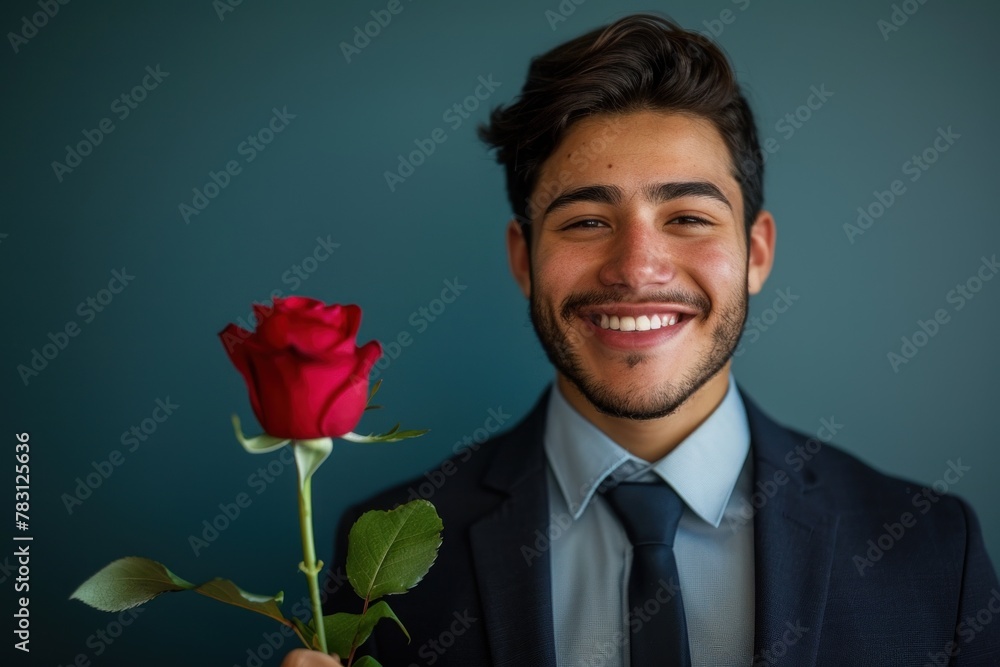 A charming Latin gentleman with a radiant smile and a red rose, perfect for romantic A charming Latin gentleman with a radiant smile and a red rose, perfect for romantic