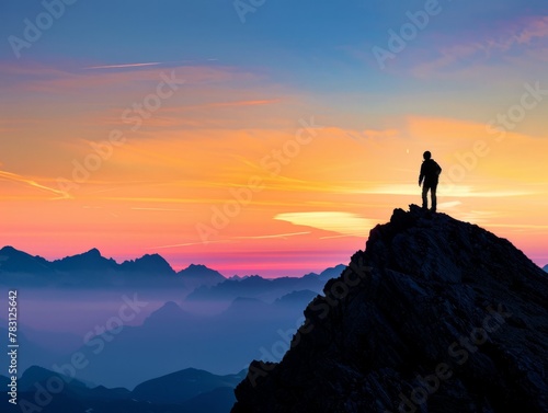 Silhouette of Lone Hiker on Rocky Outcrop Overlooking Misty Mountains at Vibrant Sunset - Adventurous Landscape Photography for Outdoor Enthusiasts