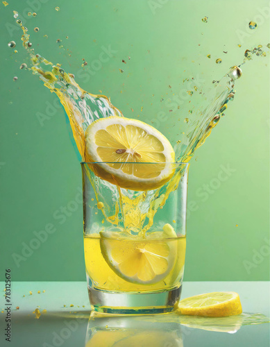 Um copo com suco de limão, com rodelas de limão caindo e splash. Fundo verde. photo