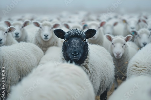 Contrast in Conformity: One Black Sheep Amongst the White. Concept Individuality, Diversity, Standing Out, Uniqueness, Nonconformity photo