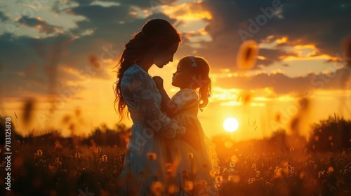 Silhouetted Bonding between Mother and Child against Breathtaking Sunset Skyscape