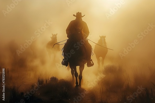 Dusty Dawn: Lone Cowboy Herding Horses. Concept Western Landscapes, Cowboy Lifestyle, Horseback Riding, Sunrise Serenity, Dusty Trails