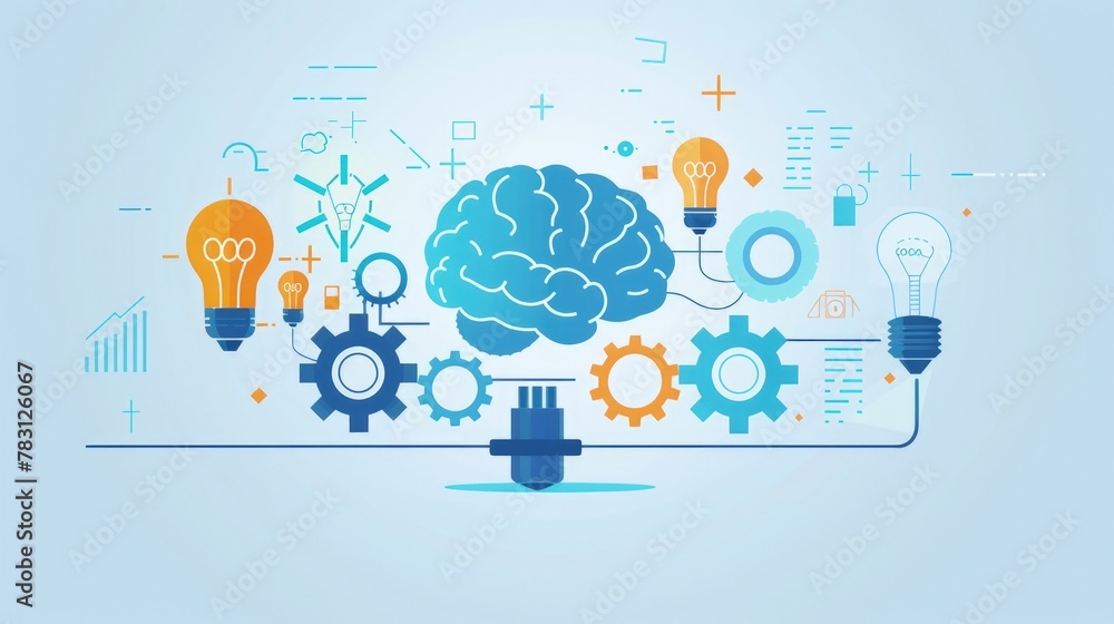 Illustration of human brain with plug connected to light bulbs and ...