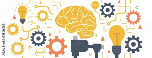 Illustration of human brain with plug connected to light bulbs and gears, concept of idea, creativity and innovation.
