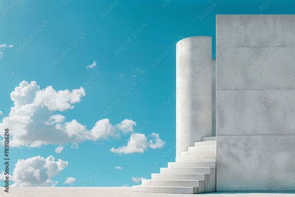 Against a minimal wall, a cylinder podium stands with stairs reaching up to the open blue sky Against a minimal wall, a cylinder podium stands with stairs reaching up to the open blue sky