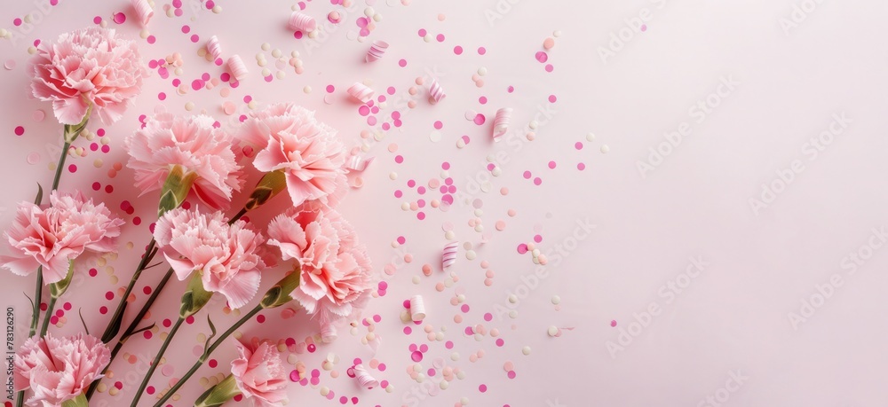 happy mother's day card, pink carnations on light pink background with confetti copy space for text