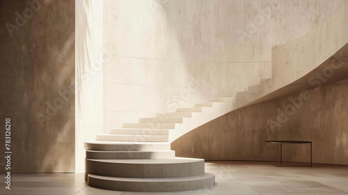 Against a backdrop of a beige minimal wall, the cylinder podium and stair offer a serene focal point