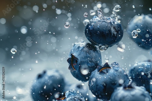Ripe blueberries glisten in the morning dew. 