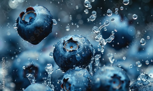 Fresh, plump blueberries glisten with dewdrops. 