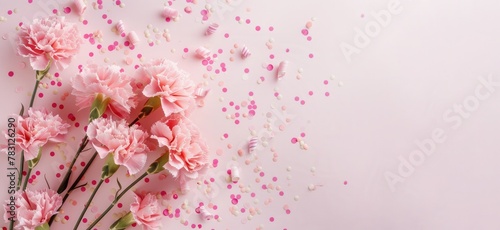 happy mother's day card, pink carnations on light pink background with confetti copy space for text