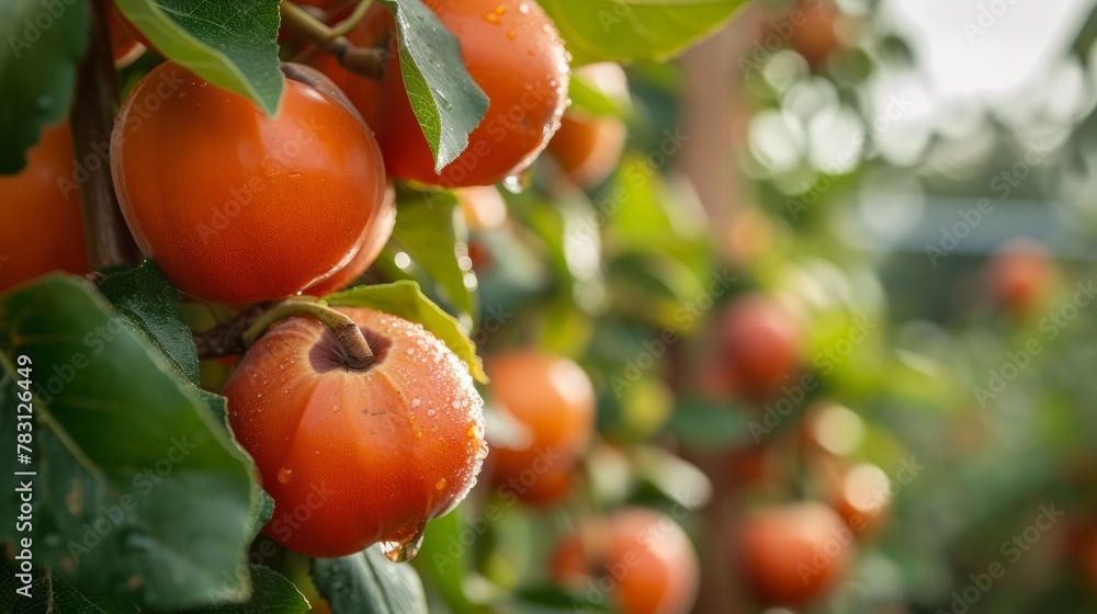 Growing persimmon harvest and producing vegetables cultivation. Concept of small eco green business organic farming gardening and healthy food Growing persimmon harvest and producing vegetables cultivation. Concept of small eco green business organic farming gardening and healthy food