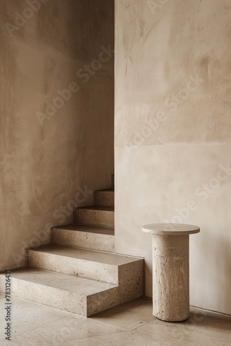In the quiet of a minimal beige wall, a cylinder stand podium with stair stands, a testament to minimalist elegance